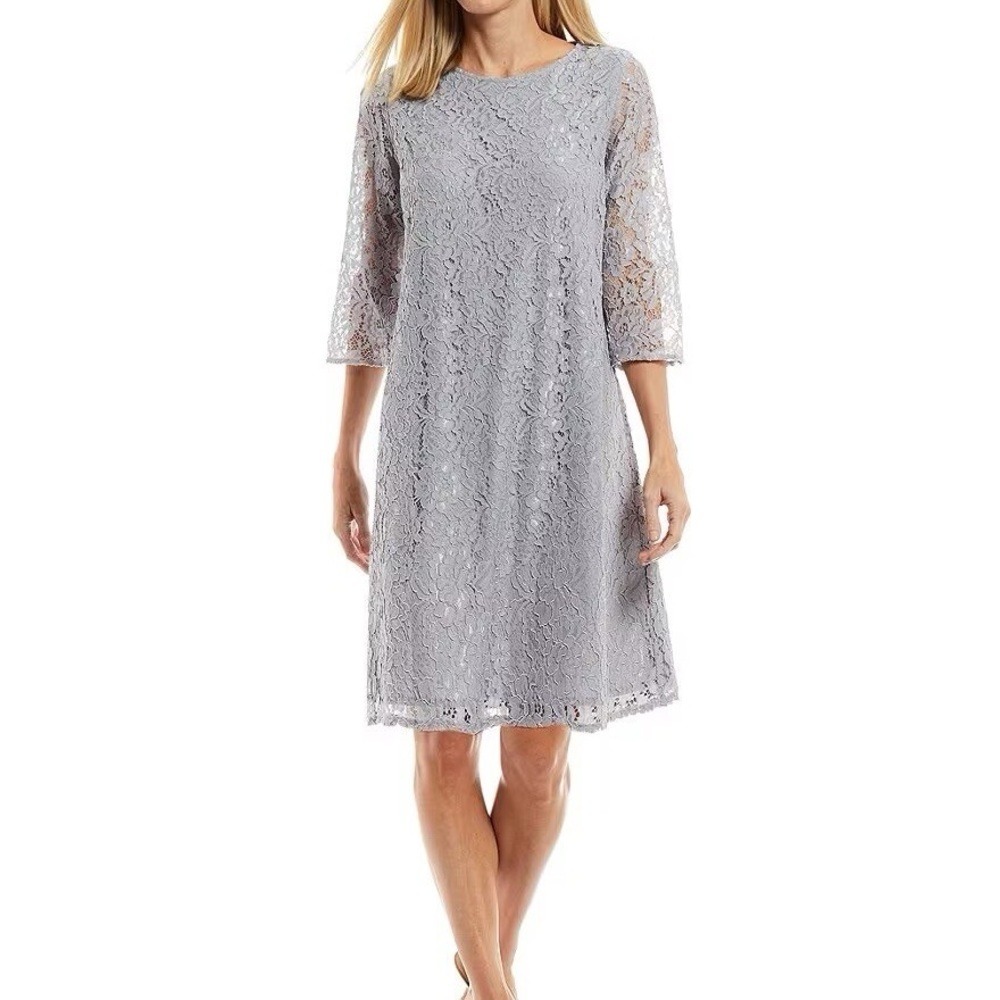 Caroline Rose Grey Floral Lace 3/4 Sleeve Shift Dress Metallic Silver Size L‎